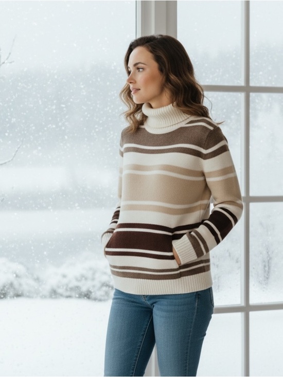 Style & Co. Sweaters - Style & Co. Striped Cowl Neck Knit Sweater Medium Neutral Kangaroo Pocket